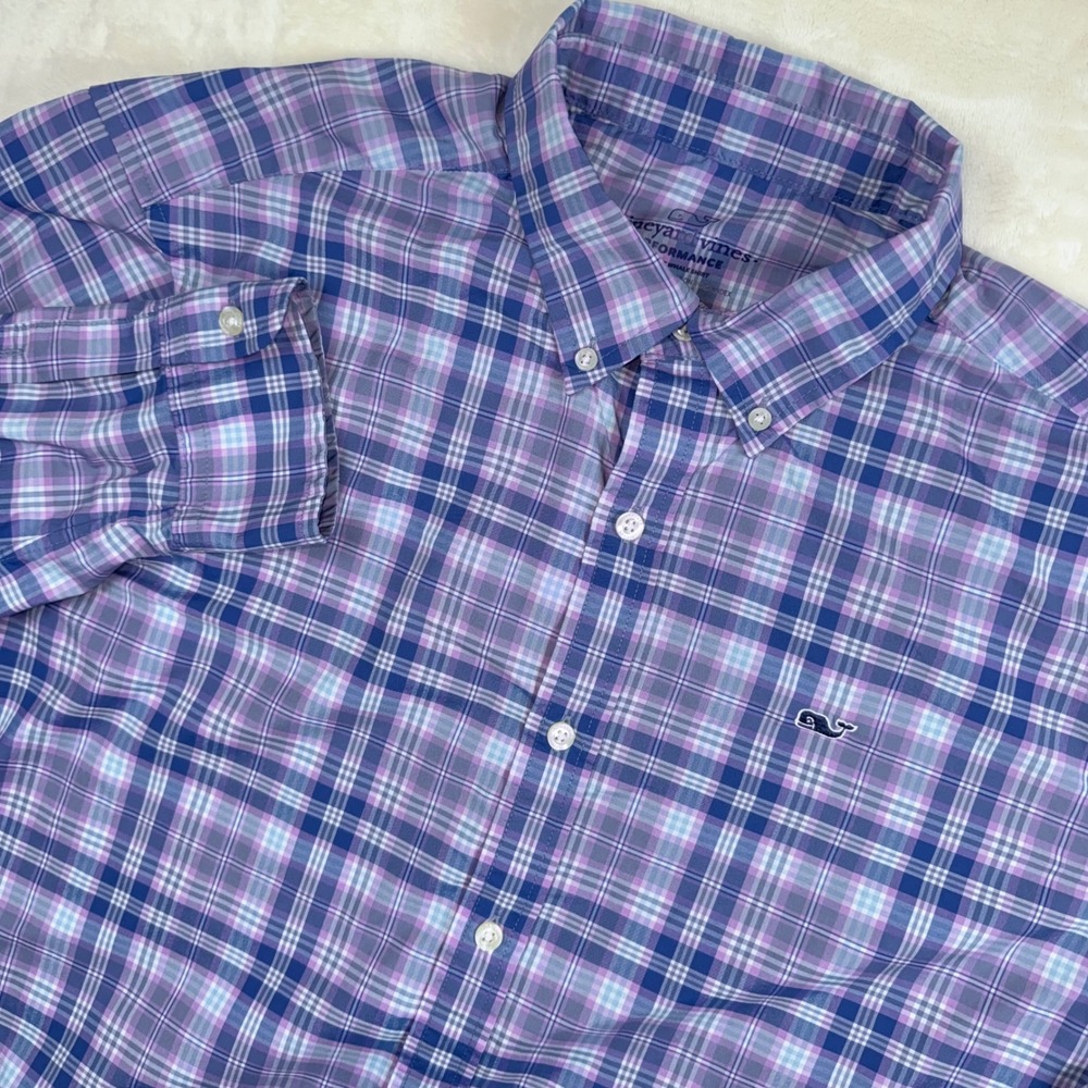 Vineyard Vines Performance Button Down Mens Lg Purple Plaid Whale Shirt Stretch